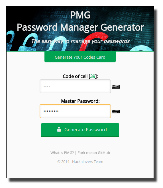 Second step where you have to enter a code from a codes card and a master password